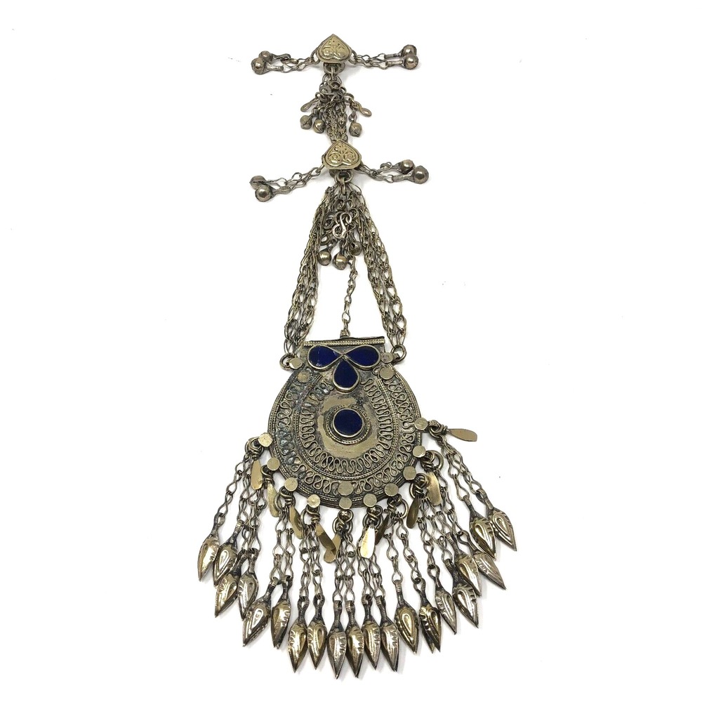 Tribal Amulet Pendant Box Jacket Closure Silver Brass Tone Blue Stone‎